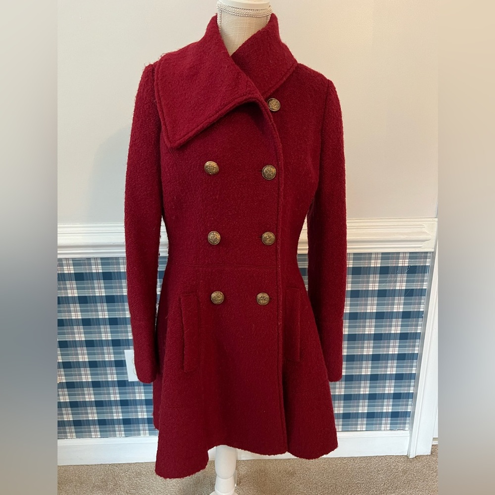 Guess Wool Blend Pea Coat - Red - Size M